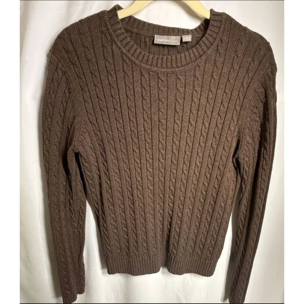 Croft & Barrow Women’s Small Brown Cable Knit Crewneck Sweater 100% Cotton